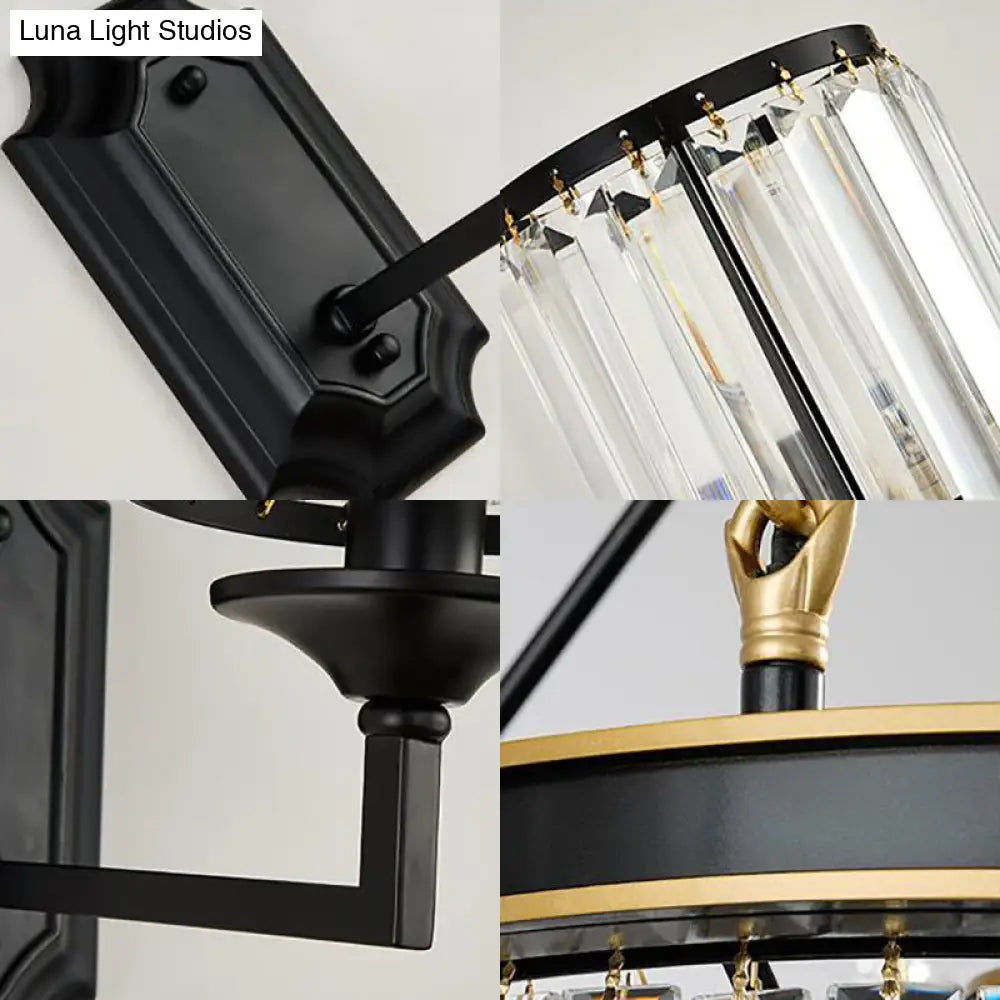 DecorBites™ Modern Metallic Cylinder Wall Lamp: 1 Light Sconce with Clear Crystal Prism in Black for Corridor