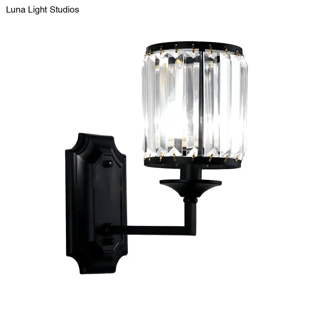 DecorBites™ Modern Metallic Cylinder Wall Lamp: 1 Light Sconce with Clear Crystal Prism in Black for Corridor