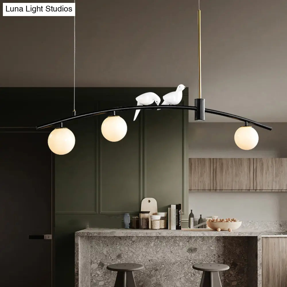 DecorBites™ Modern Mini Milk Glass Island Lamp with Bird Decoration - 3-Head suspension pendant in Black-Brass