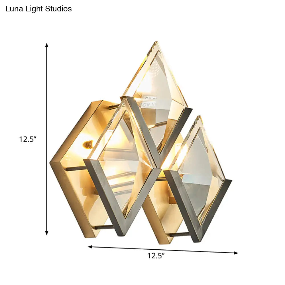 DecorBites™ Modern Rhombus Wall Sconce Light with Clear Crystal and Metal Accents - 3 Lights - Golden Finish