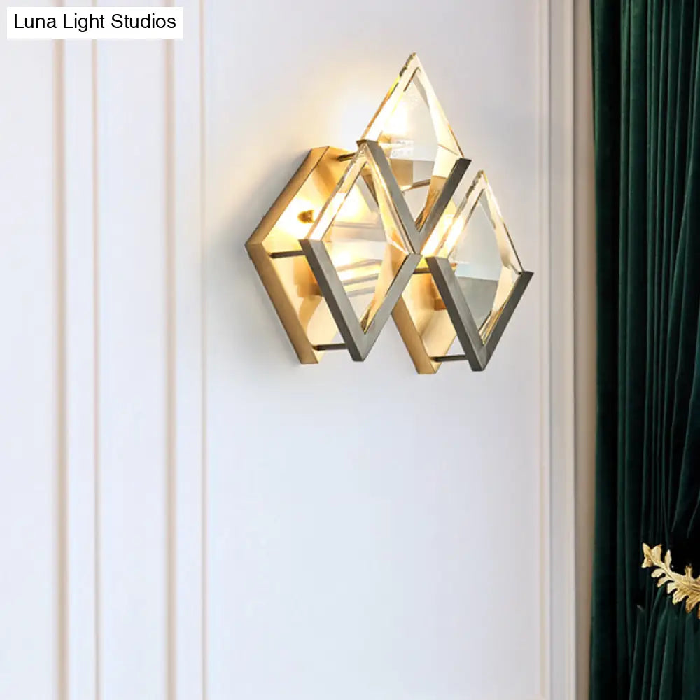DecorBites™ Modern Rhombus Wall Sconce Light with Clear Crystal and Metal Accents - 3 Lights - Golden Finish