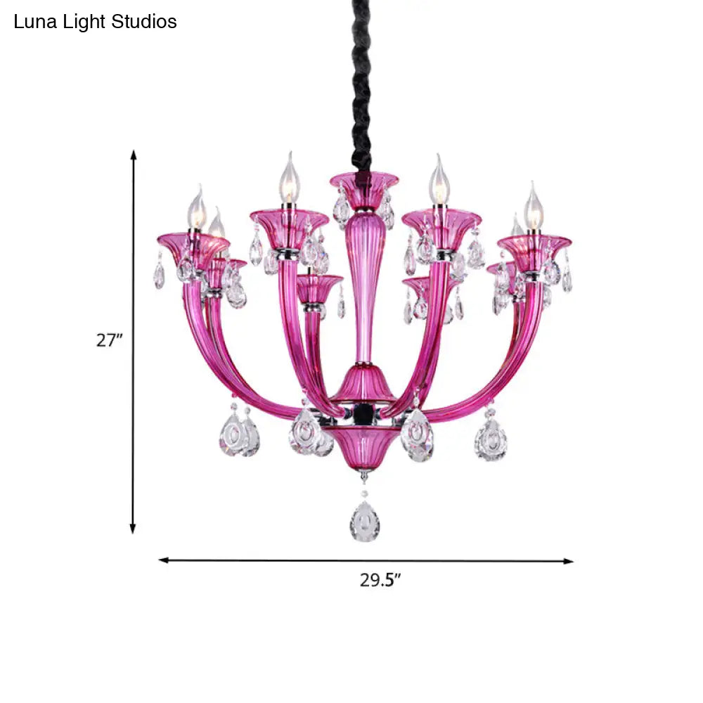 DecorBites™ Modern Rose Red Glass Chandelier with Crystal Draping - 8-Light Chrome Pendant for Living Room