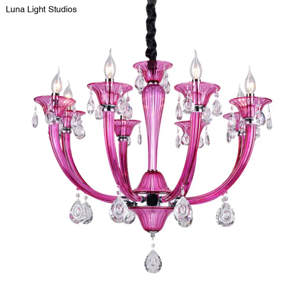 DecorBites™ Modern Rose Red Glass Chandelier with Crystal Draping - 8-Light Chrome Pendant for Living Room