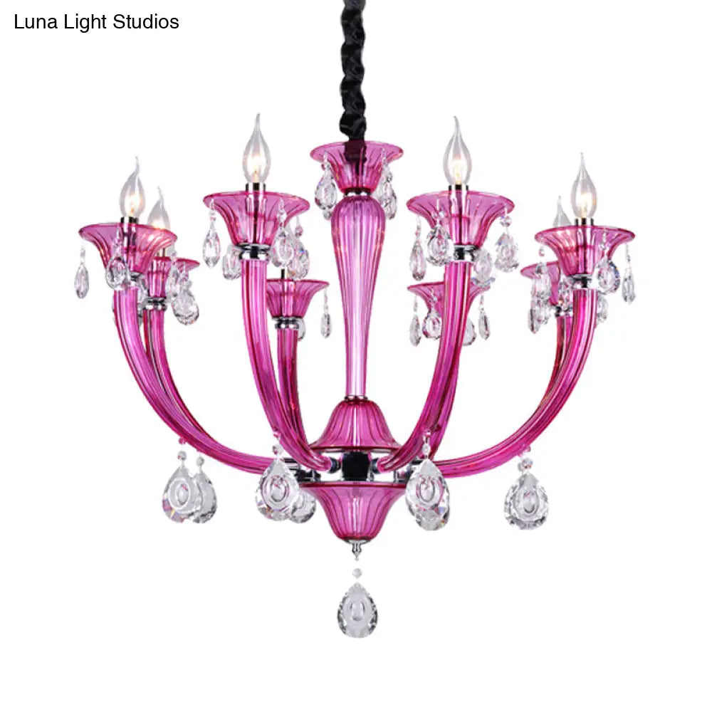DecorBites™ Modern Rose Red Glass Chandelier with Crystal Draping - 8-Light Chrome Pendant for Living Room