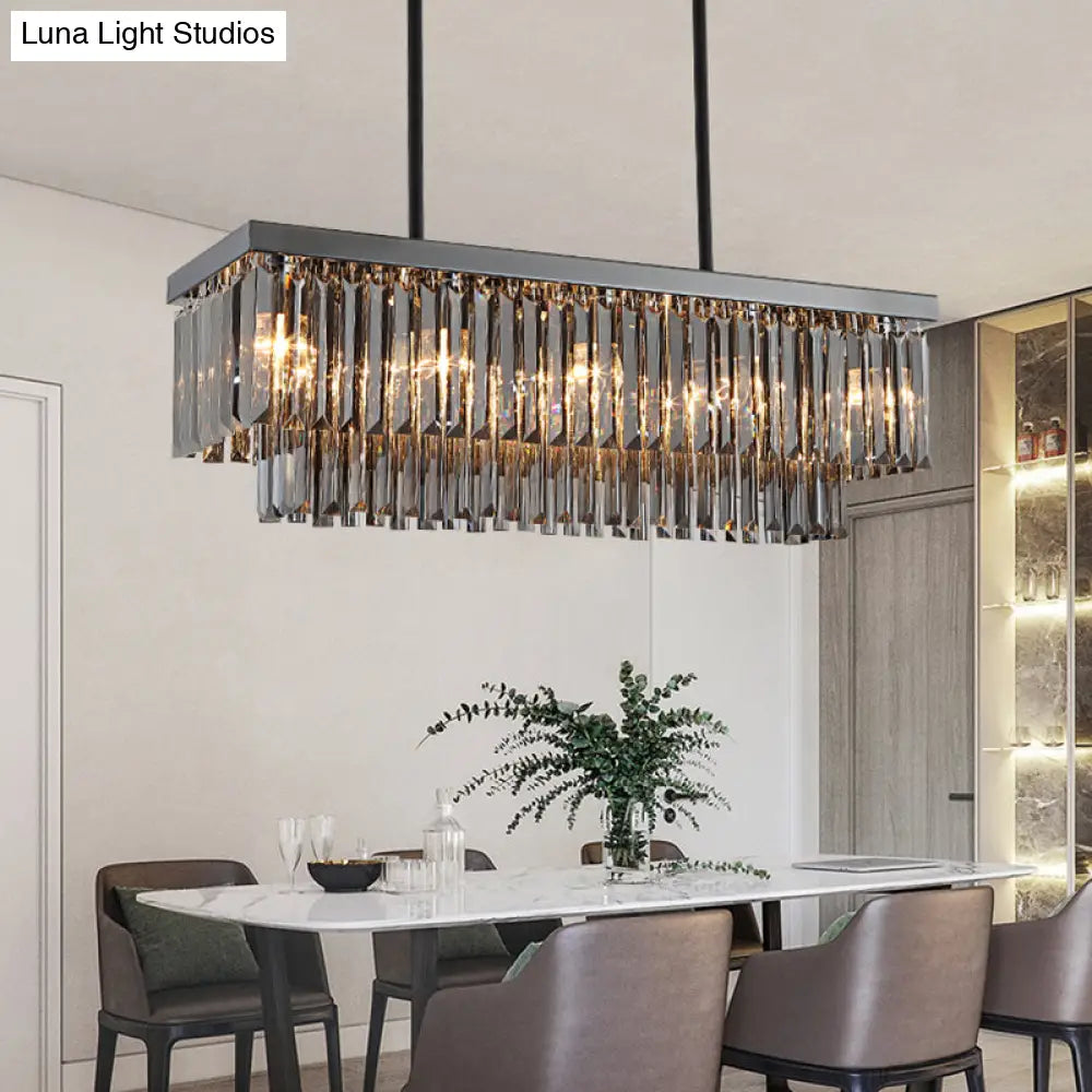 DecorBites™ Modern Smoke Gray Crystal Block Island Lamp Chandelier - 10 Lights, Rectangle Shape, 31.5"/39" Wide, Black-Hanging