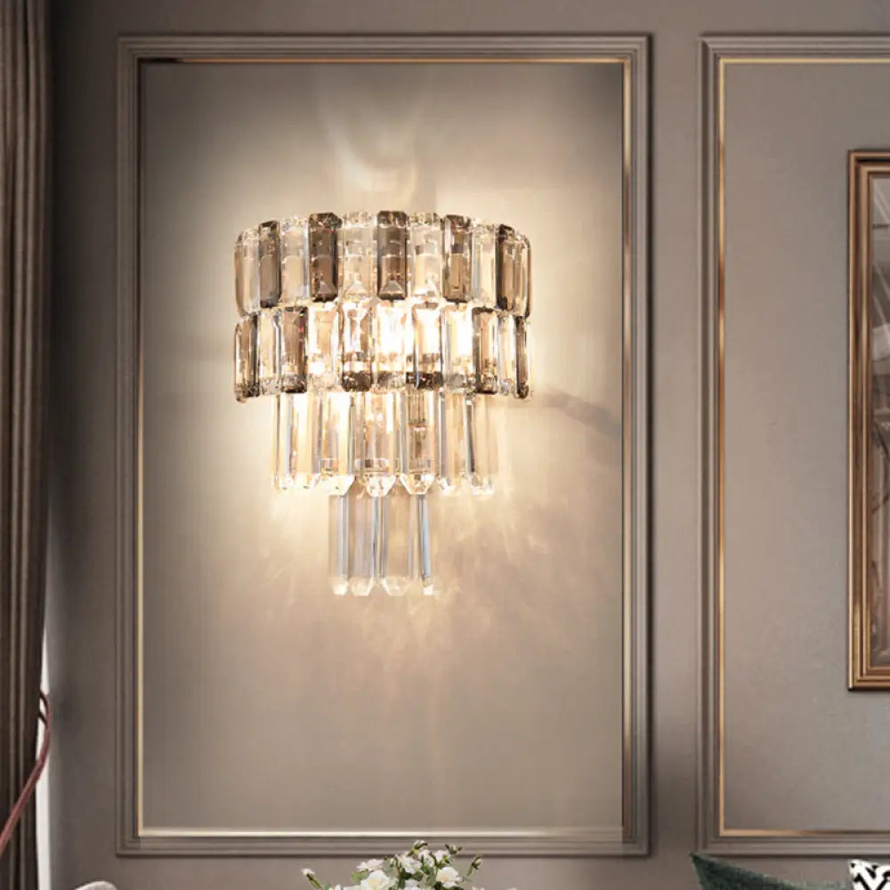 DecorBites™ Modern Smoke Gray Crystal Sconce: Layered Design, 2-Bulb Wall Mounted Light Fixture for Living Room
