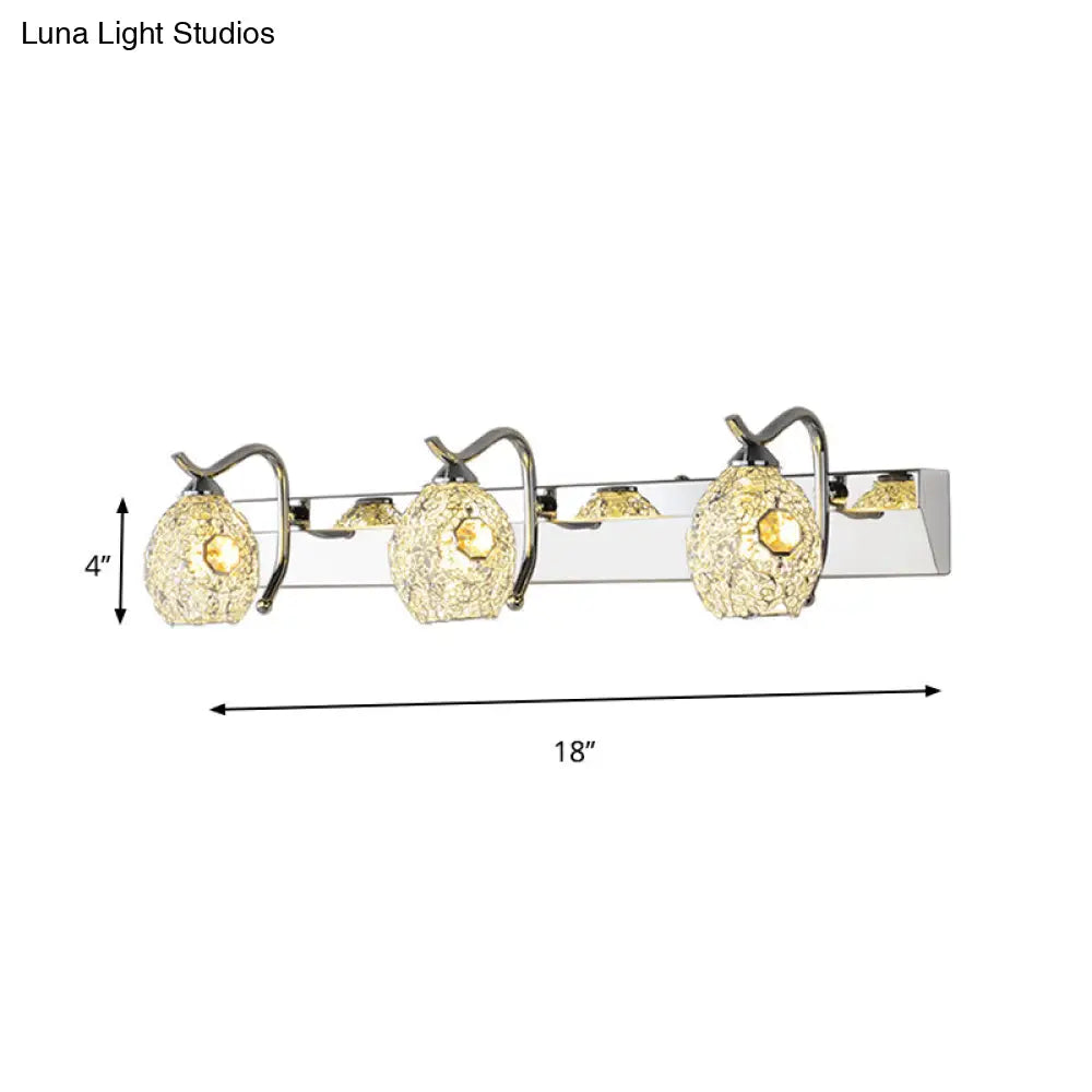 DecorBites™ Modern Stainless Steel Domed Wall Light with 3 Heads, Silver Vanity Lamp and Clear Crystal Accent, Warm/White Light