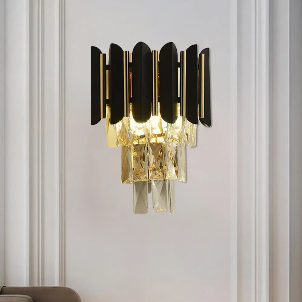 DecorBites™ Modern Wall Sconce with Clear Faceted Crystals and Black Finish - 2 Heads