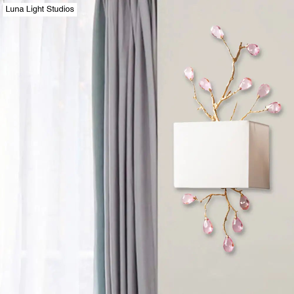 DecorBites™ Modern White Fabric Square Wall Mount Lamp with Pink Crystal Accent - 2 Lights Sconce