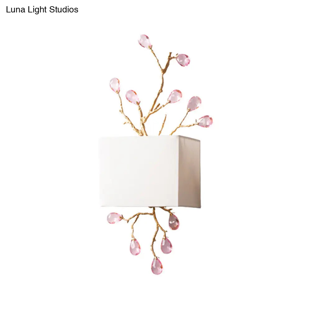 DecorBites™ Modern White Fabric Square Wall Mount Lamp with Pink Crystal Accent - 2 Lights Sconce
