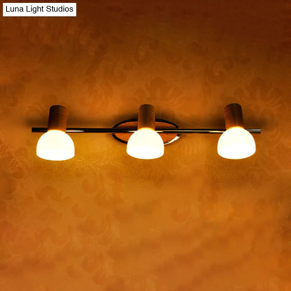 DecorBites™ Modern White Glass Dome Vanity Wall Sconce Light with 3 Bulbs, Chrome Finish and Wood Top