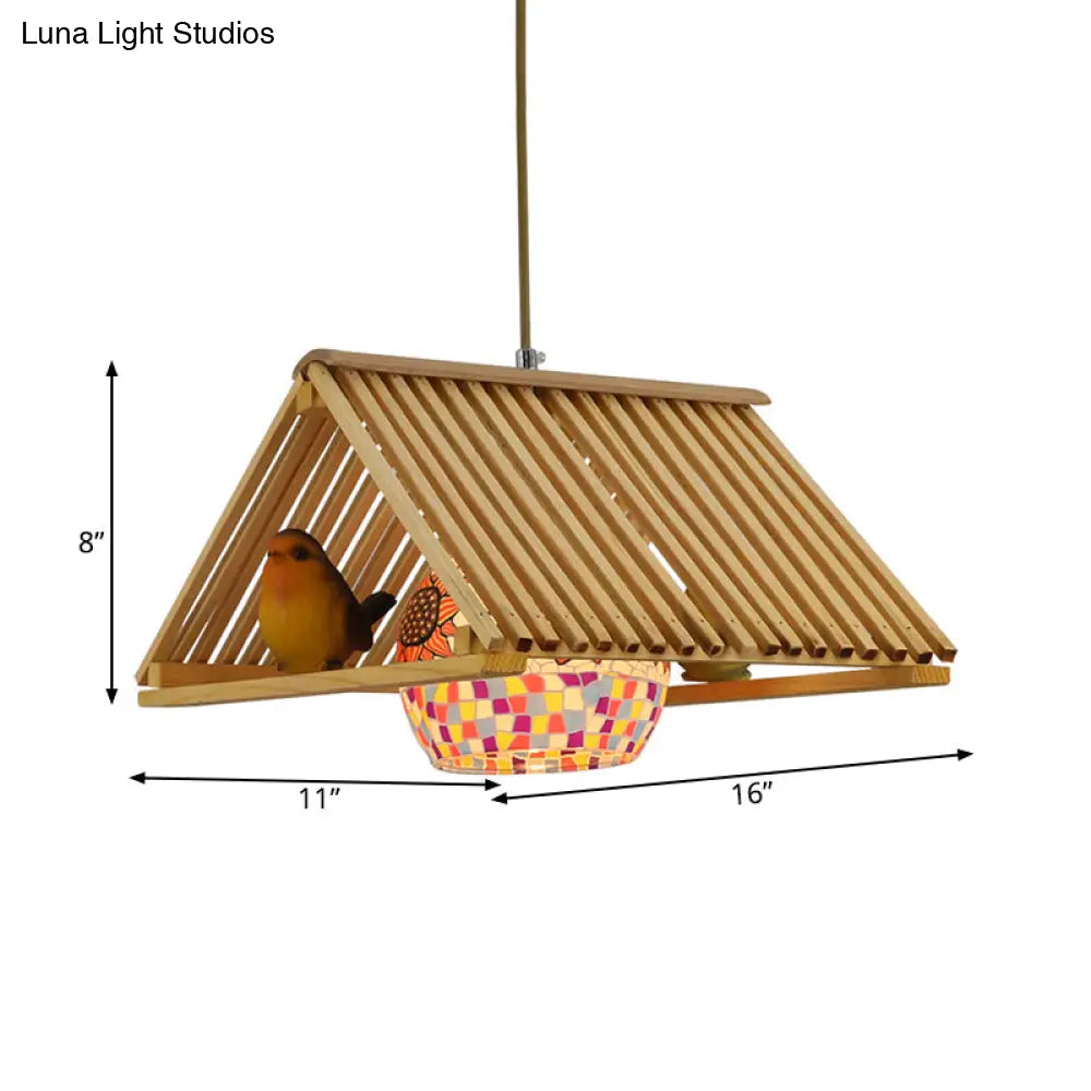 DecorBites™ Modern Wood Pendant Light in Roof Shape, Beige Hanging Fixture, 16"/19.5" Width