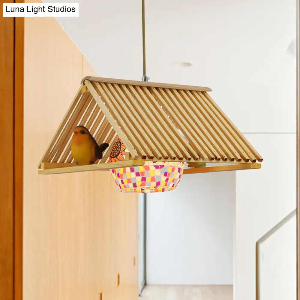 DecorBites™ Modern Wood Pendant Light in Roof Shape, Beige Hanging Fixture, 16"/19.5" Width
