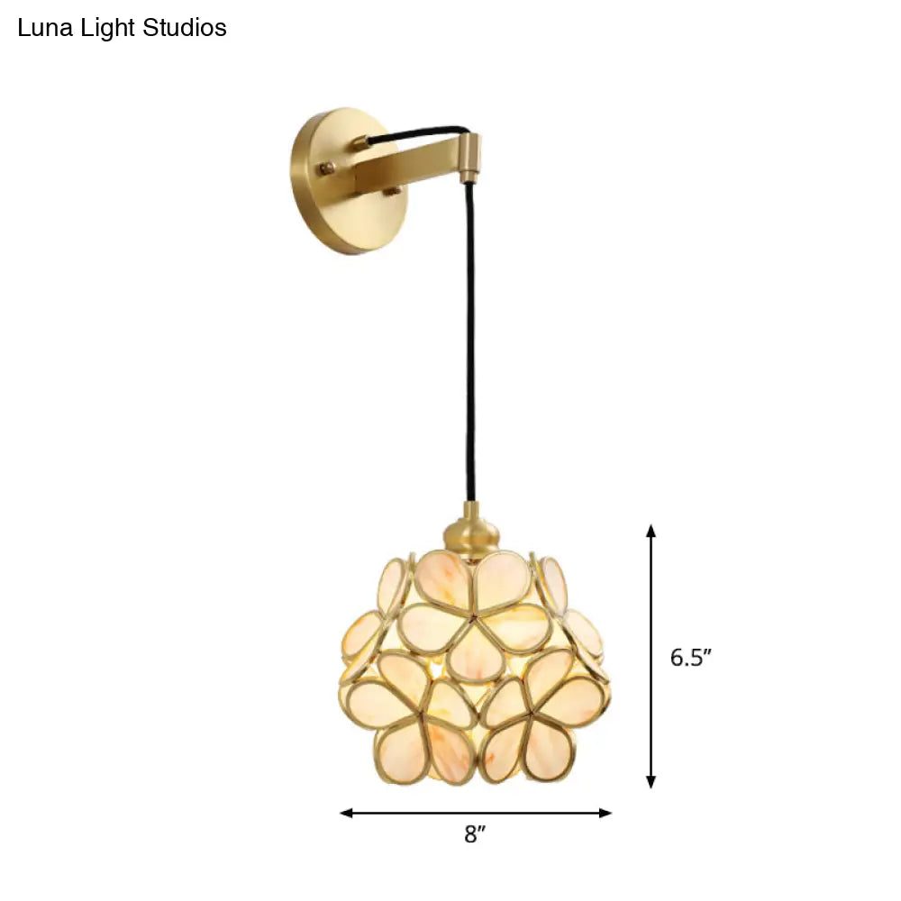 DecorBites™ Modernist 1-Bulb Bedside Sconce Light: Brass Floral Ball Wall Lamp with Glass Shades (Pink/Clear/Light Pink)