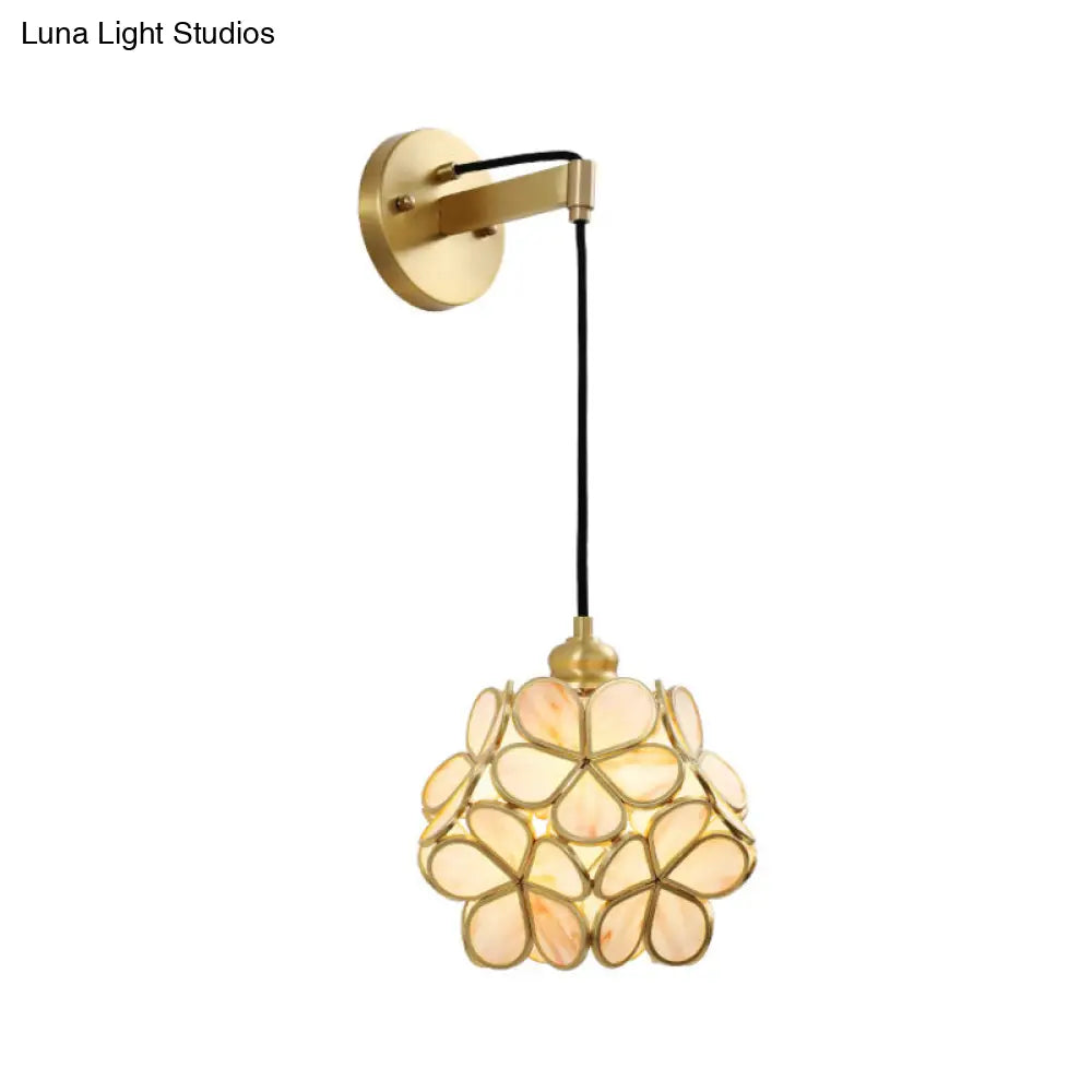 DecorBites™ Modernist 1-Bulb Bedside Sconce Light: Brass Floral Ball Wall Lamp with Glass Shades (Pink/Clear/Light Pink)