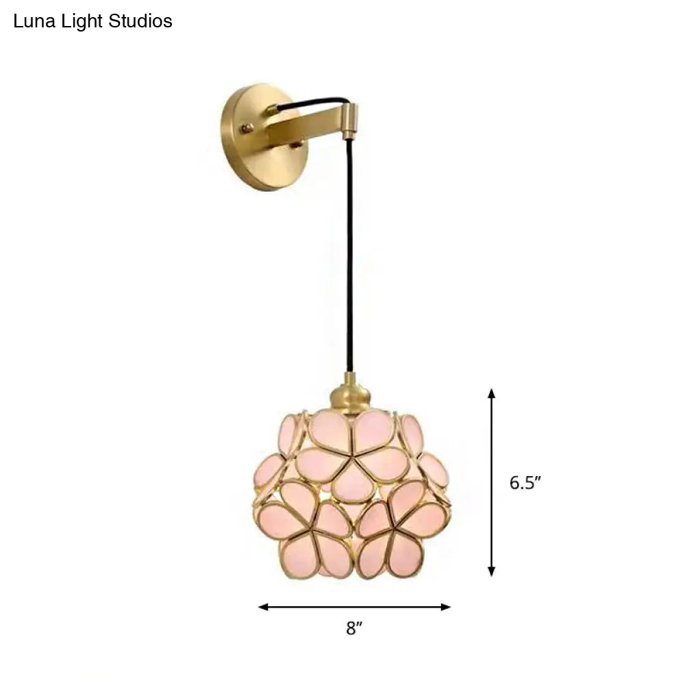 DecorBites™ Modernist 1-Bulb Bedside Sconce Light: Brass Floral Ball Wall Lamp with Glass Shades (Pink/Clear/Light Pink)