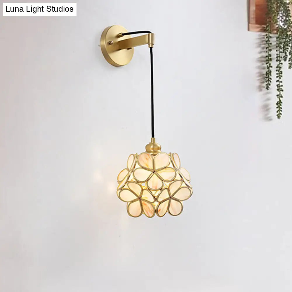 DecorBites™ Modernist 1-Bulb Bedside Sconce Light: Brass Floral Ball Wall Lamp with Glass Shades (Pink/Clear/Light Pink)