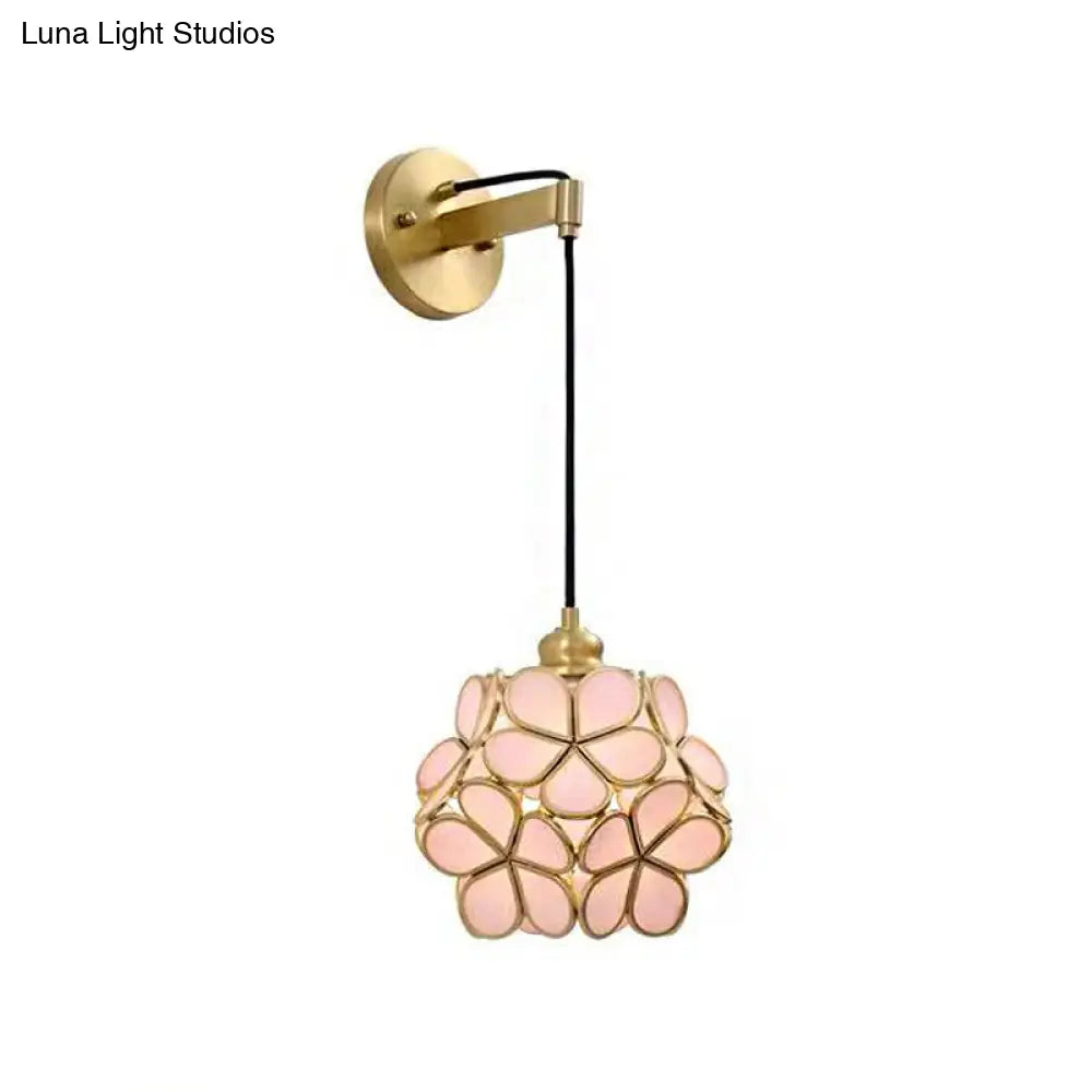 DecorBites™ Modernist 1-Bulb Bedside Sconce Light: Brass Floral Ball Wall Lamp with Glass Shades (Pink/Clear/Light Pink)