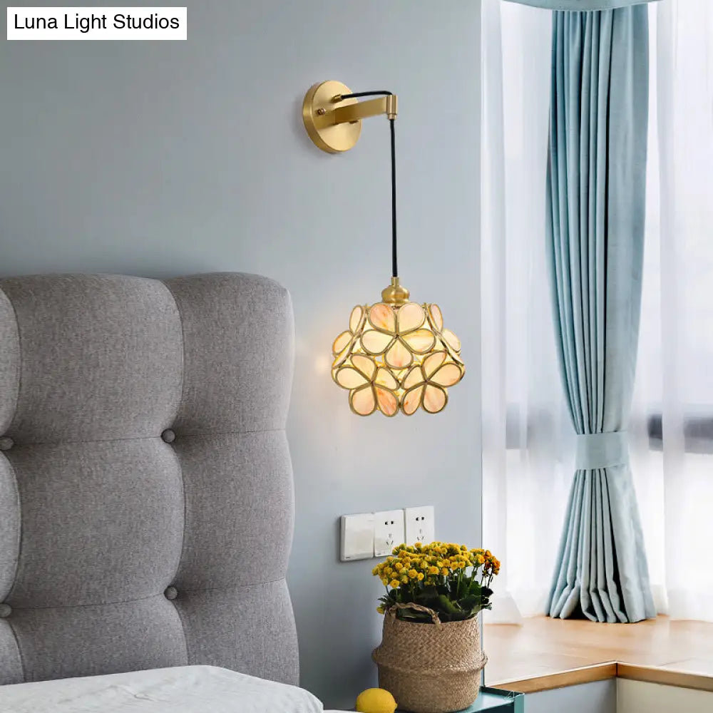 DecorBites™ Modernist 1-Bulb Bedside Sconce Light: Brass Floral Ball Wall Lamp with Glass Shades (Pink/Clear/Light Pink)