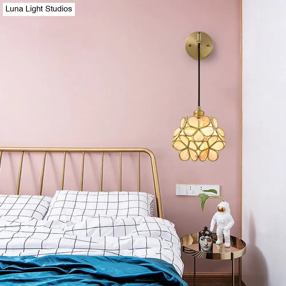DecorBites™ Modernist 1-Bulb Bedside Sconce Light: Brass Floral Ball Wall Lamp with Glass Shades (Pink/Clear/Light Pink)