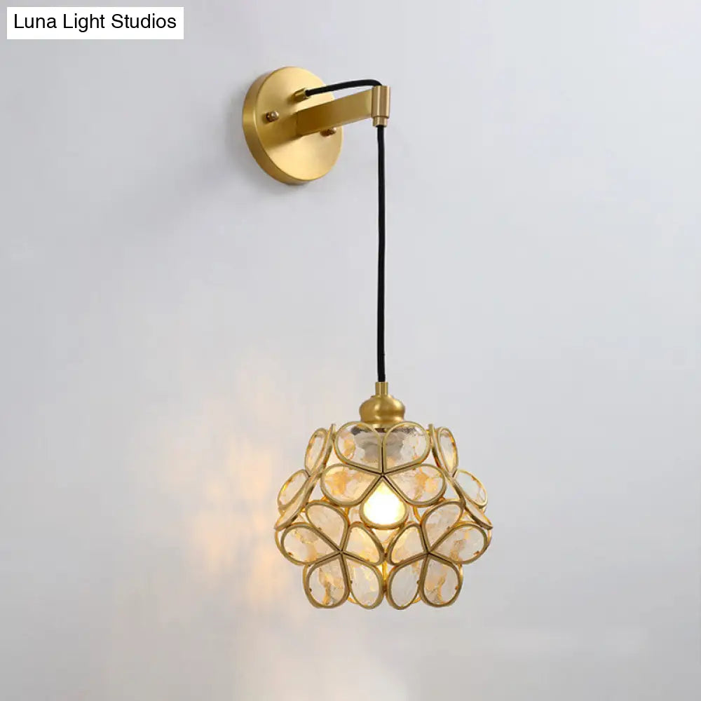 DecorBites™ Modernist 1-Bulb Bedside Sconce Light: Brass Floral Ball Wall Lamp with Glass Shades (Pink/Clear/Light Pink)