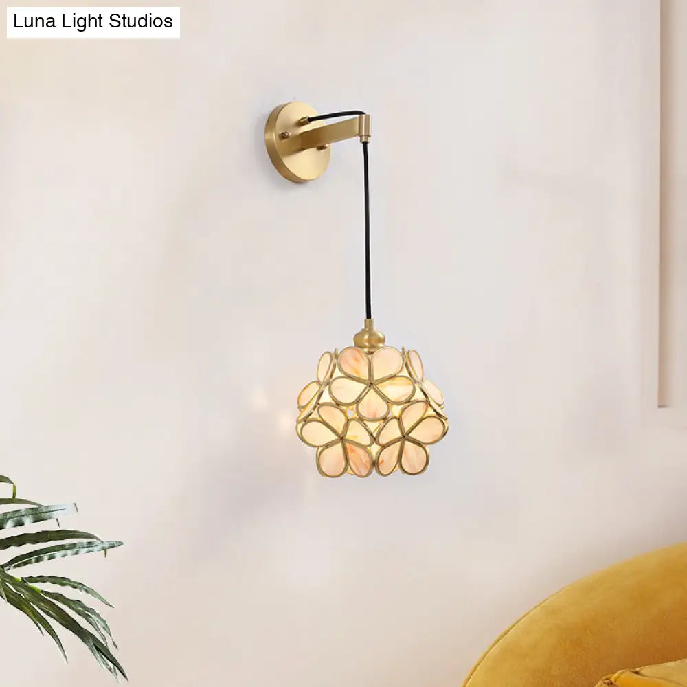 DecorBites™ Modernist 1-Bulb Bedside Sconce Light: Brass Floral Ball Wall Lamp with Glass Shades (Pink/Clear/Light Pink)