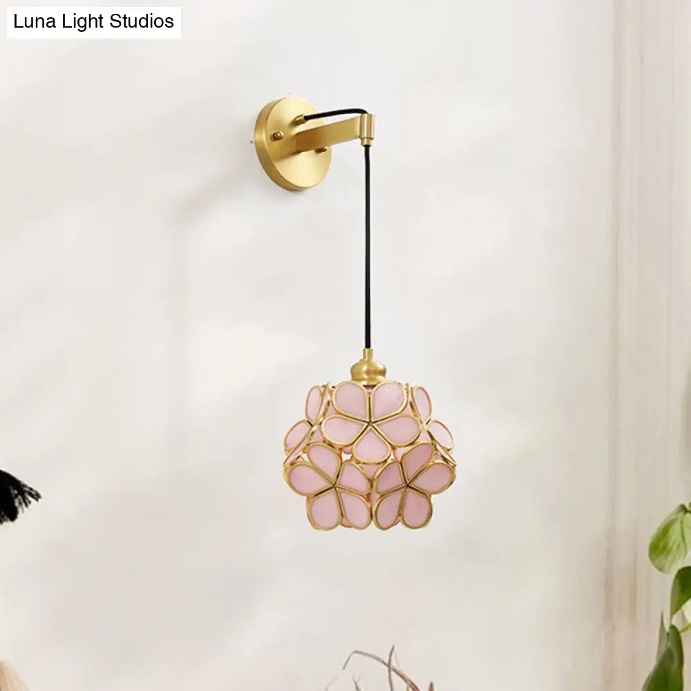 DecorBites™ Modernist 1-Bulb Bedside Sconce Light: Brass Floral Ball Wall Lamp with Glass Shades (Pink/Clear/Light Pink)