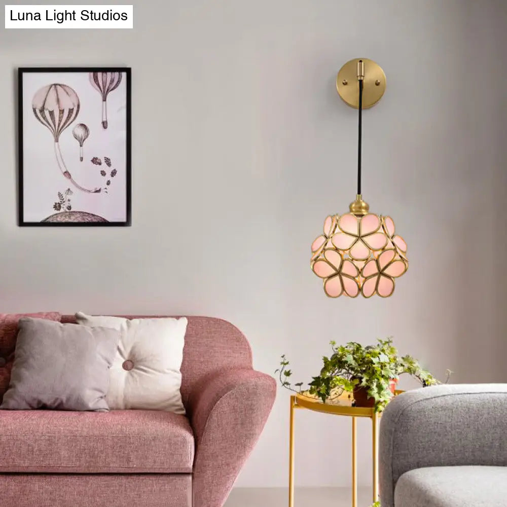 DecorBites™ Modernist 1-Bulb Bedside Sconce Light: Brass Floral Ball Wall Lamp with Glass Shades (Pink/Clear/Light Pink)