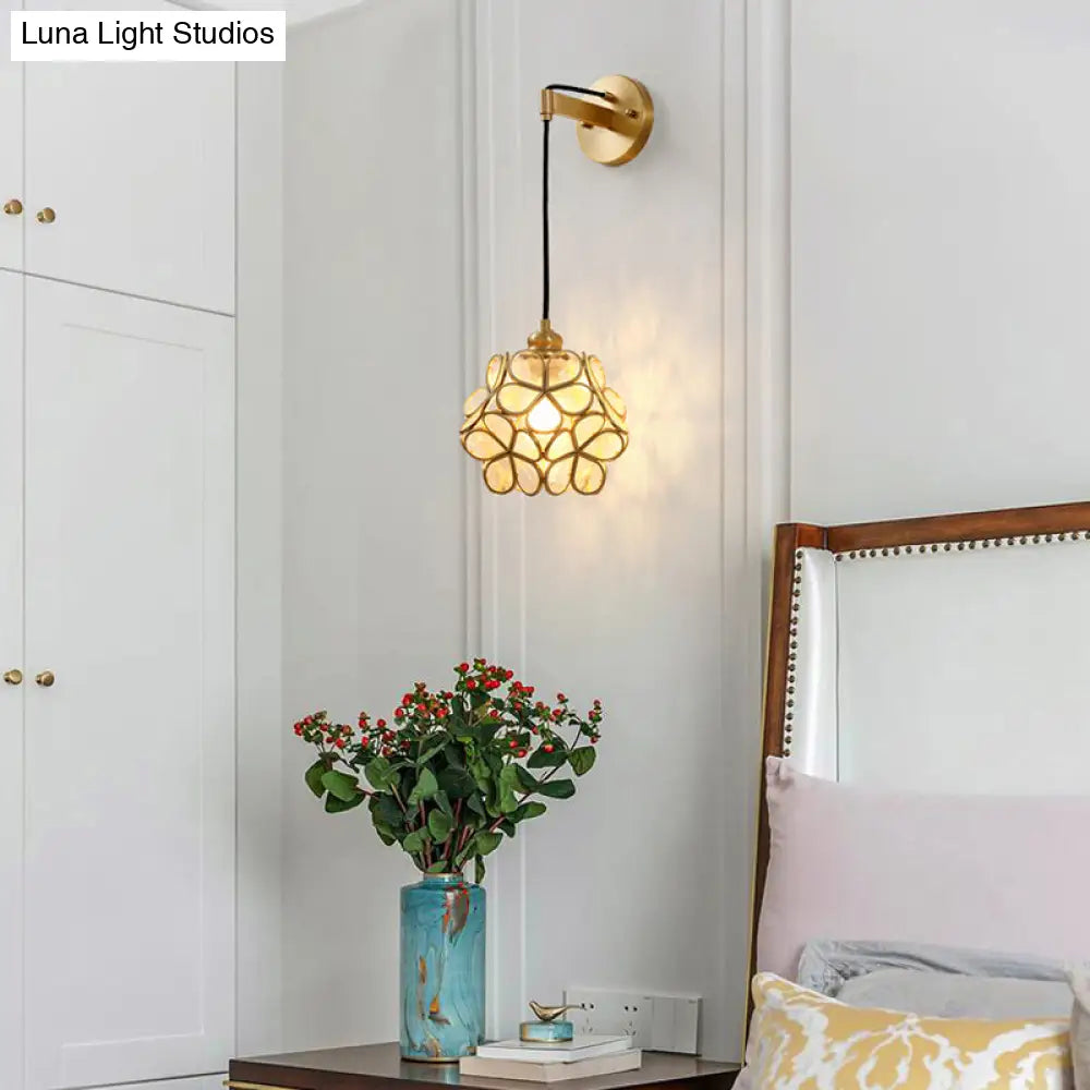 DecorBites™ Modernist 1-Bulb Bedside Sconce Light: Brass Floral Ball Wall Lamp with Glass Shades (Pink/Clear/Light Pink)