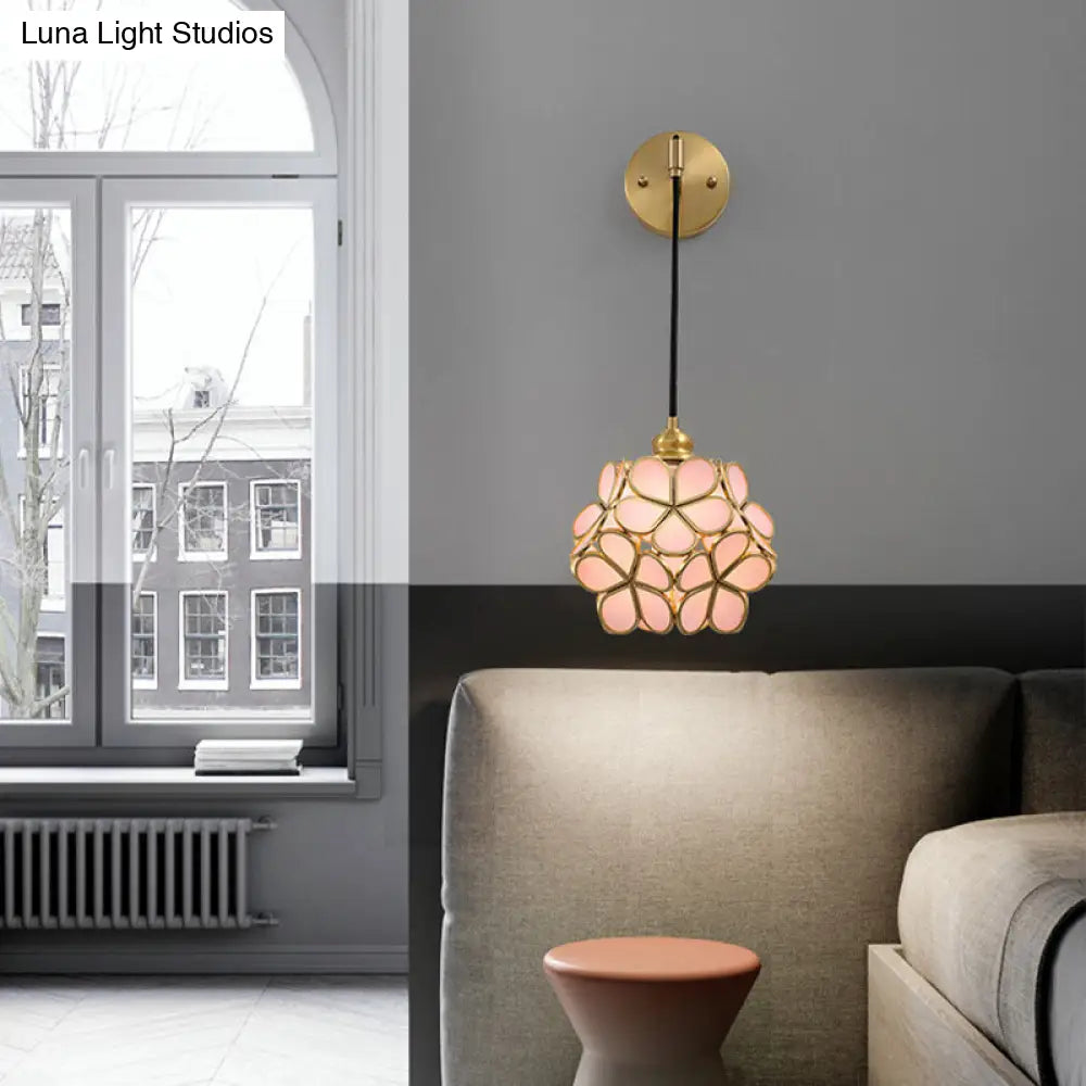 DecorBites™ Modernist 1-Bulb Bedside Sconce Light: Brass Floral Ball Wall Lamp with Glass Shades (Pink/Clear/Light Pink)