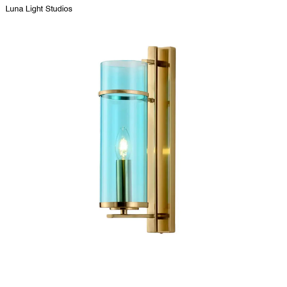 DecorBites™ Modernist Brass Wall Lamp with Tubular Cognac/Water Blue Glass Shade - Bedroom Sconce Light Fixture