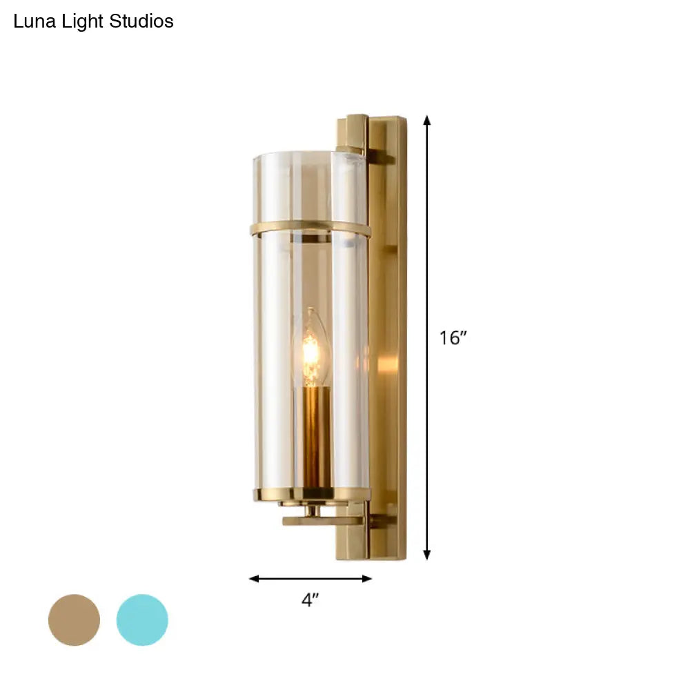 DecorBites™ Modernist Brass Wall Lamp with Tubular Cognac/Water Blue Glass Shade - Bedroom Sconce Light Fixture