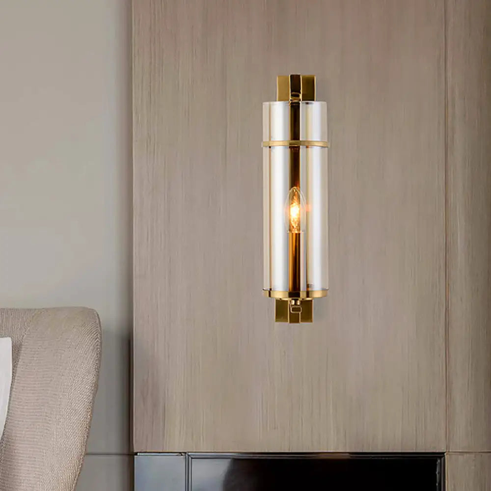 DecorBites™ Modernist Brass Wall Lamp with Tubular Cognac/Water Blue Glass Shade - Bedroom Sconce Light Fixture