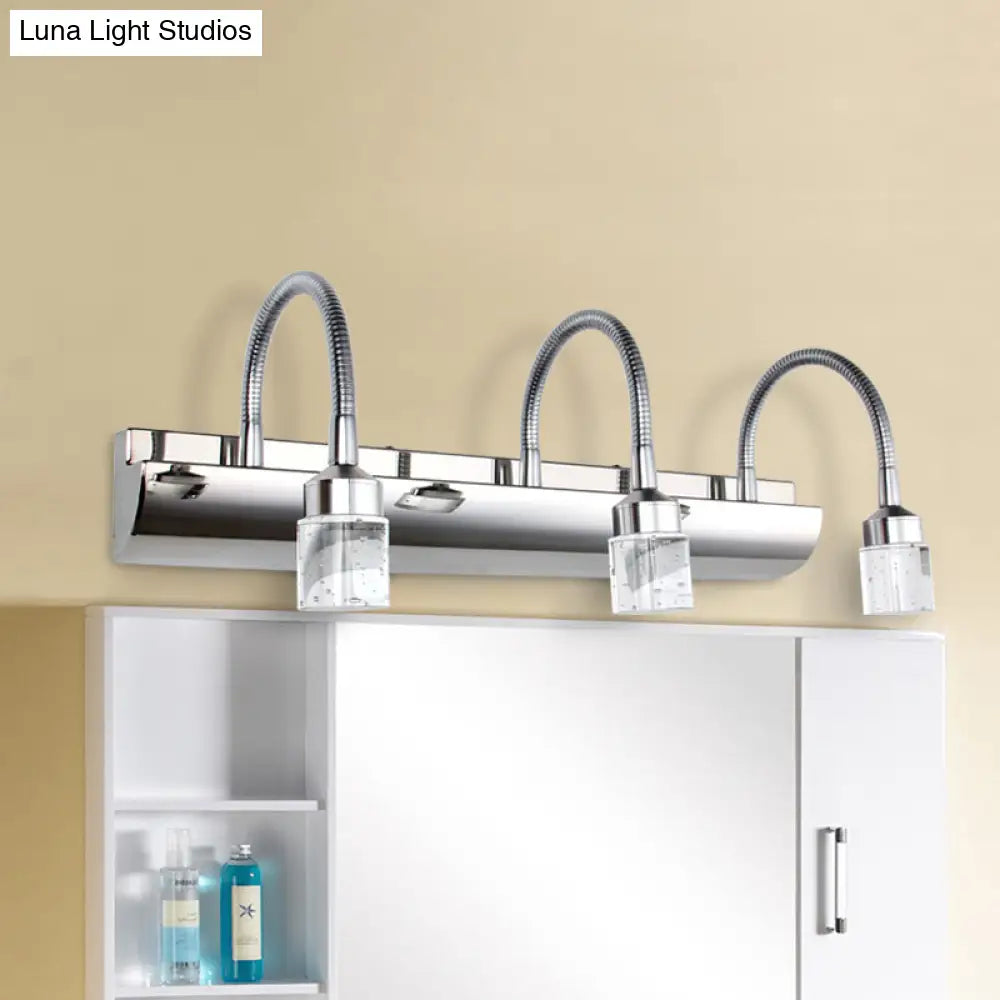 DecorBites™ Modernist Crystal Vanity Wall Sconce with Gooseneck Arm - Clear Cylinder Shape, 3 Lights, 12.5"/18" W, Chrome