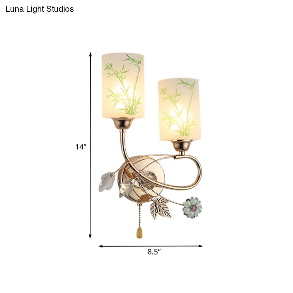 DecorBites™ Modernist Glass Cylinder Sconce with 2 Lights and Gold Pull Chain - Wall Mounted Lamp