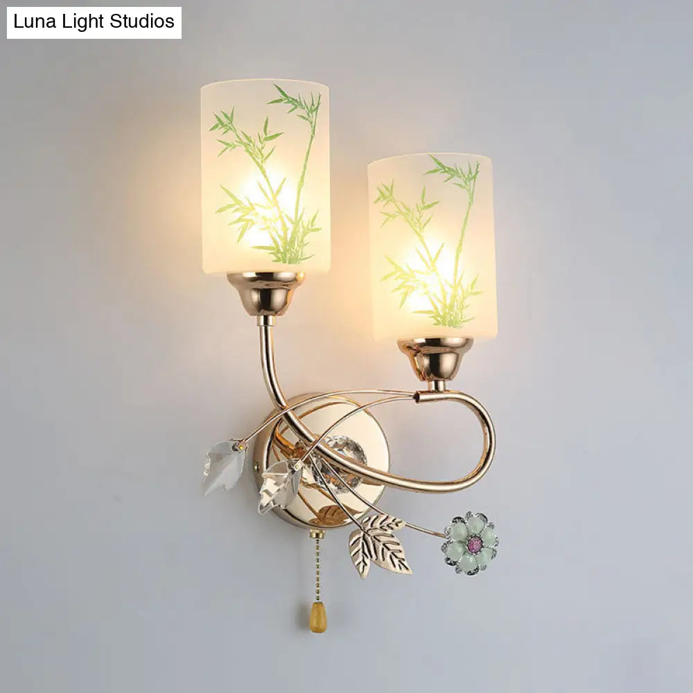 DecorBites™ Modernist Glass Cylinder Sconce with 2 Lights and Gold Pull Chain - Wall Mounted Lamp