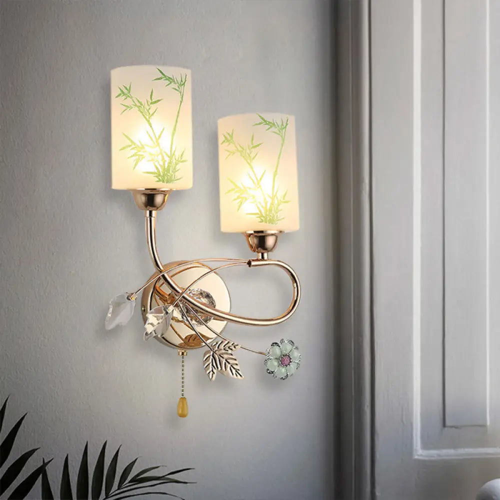 DecorBites™ Modernist Glass Cylinder Sconce with 2 Lights and Gold Pull Chain - Wall Mounted Lamp