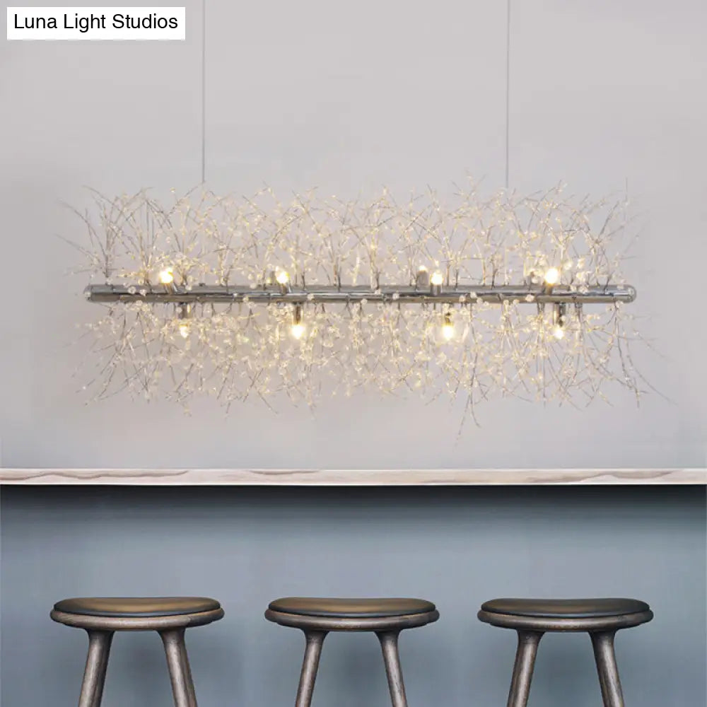 DecorBites™ Modernist Metallic Branch Island Pendant Light | Silver Hanging Lamp with Crystal Bead Deco | 27.5"/35.5" Width