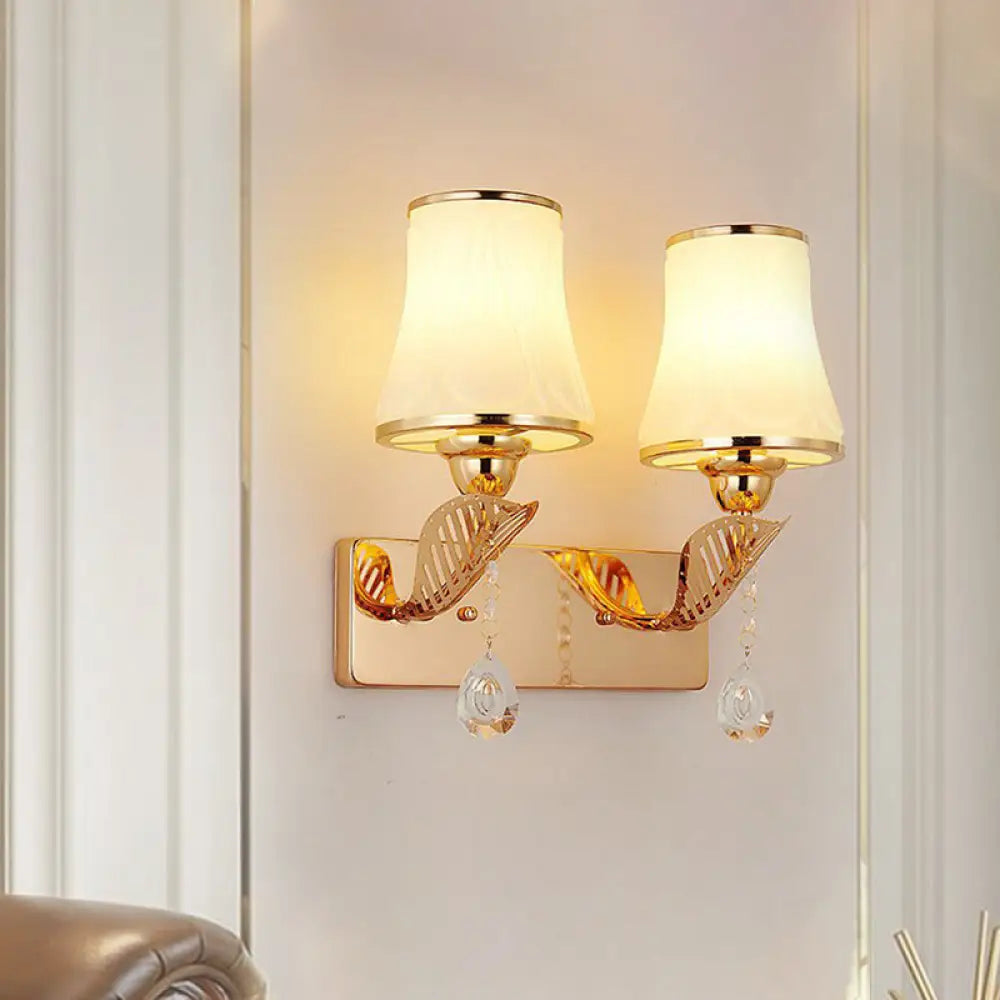 DecorBites™ Modernist Opal Glass Bell Wall Light with Crystal Drop - Gold Finish, 2-Head Wall Mounted Lighting