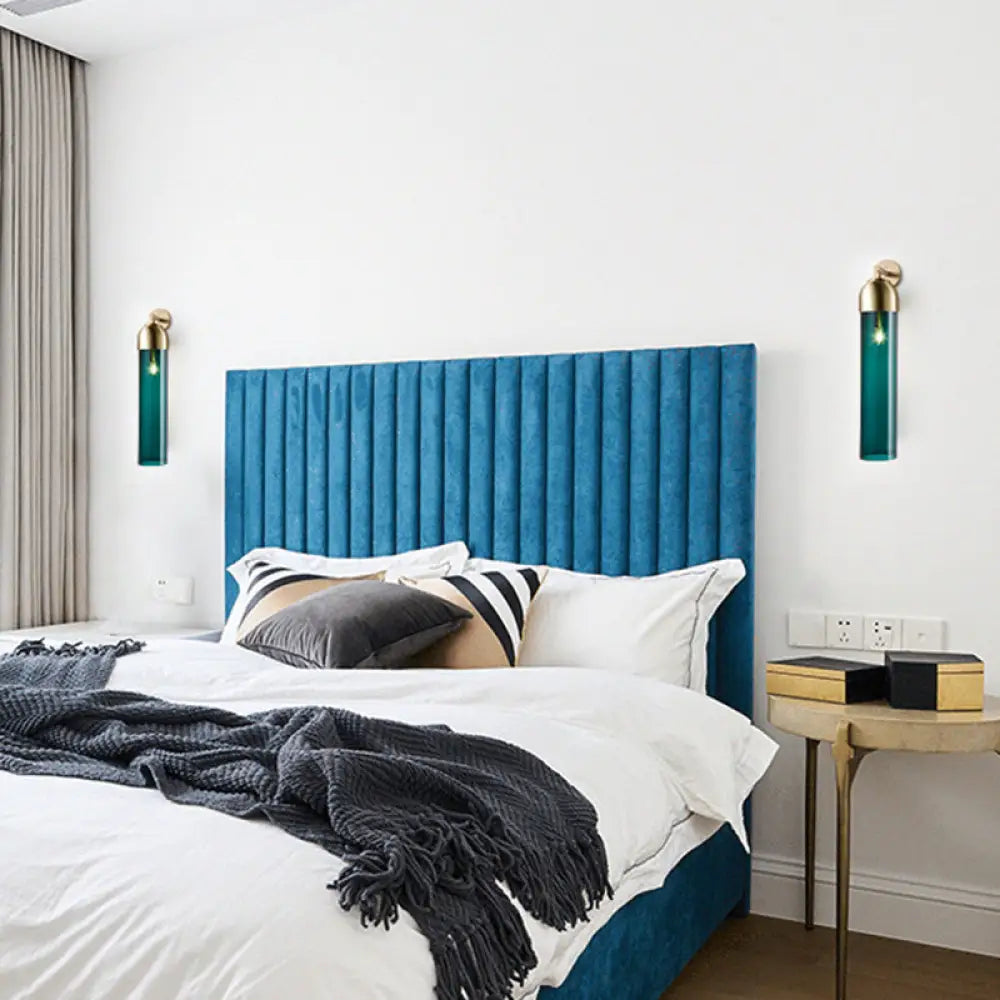 DecorBites™ Modernist Tube Sconce Light: Blue/Clear/Amber Glass, Wall Mounted Lamp with Curved Arm for Bedside