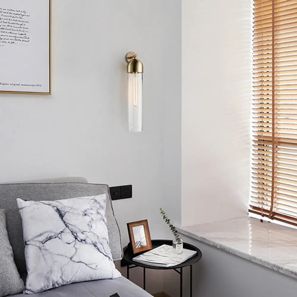 DecorBites™ Modernist Tube Sconce Light: Blue/Clear/Amber Glass, Wall Mounted Lamp with Curved Arm for Bedside
