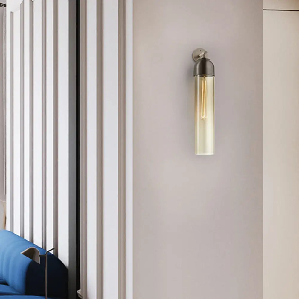 DecorBites™ Modernist Tube Sconce Light: Blue/Clear/Amber Glass, Wall Mounted Lamp with Curved Arm for Bedside
