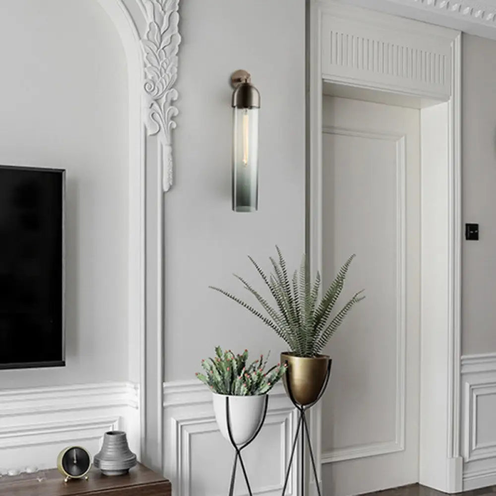 DecorBites™ Modernist Tube Sconce Light: Blue/Clear/Amber Glass, Wall Mounted Lamp with Curved Arm for Bedside