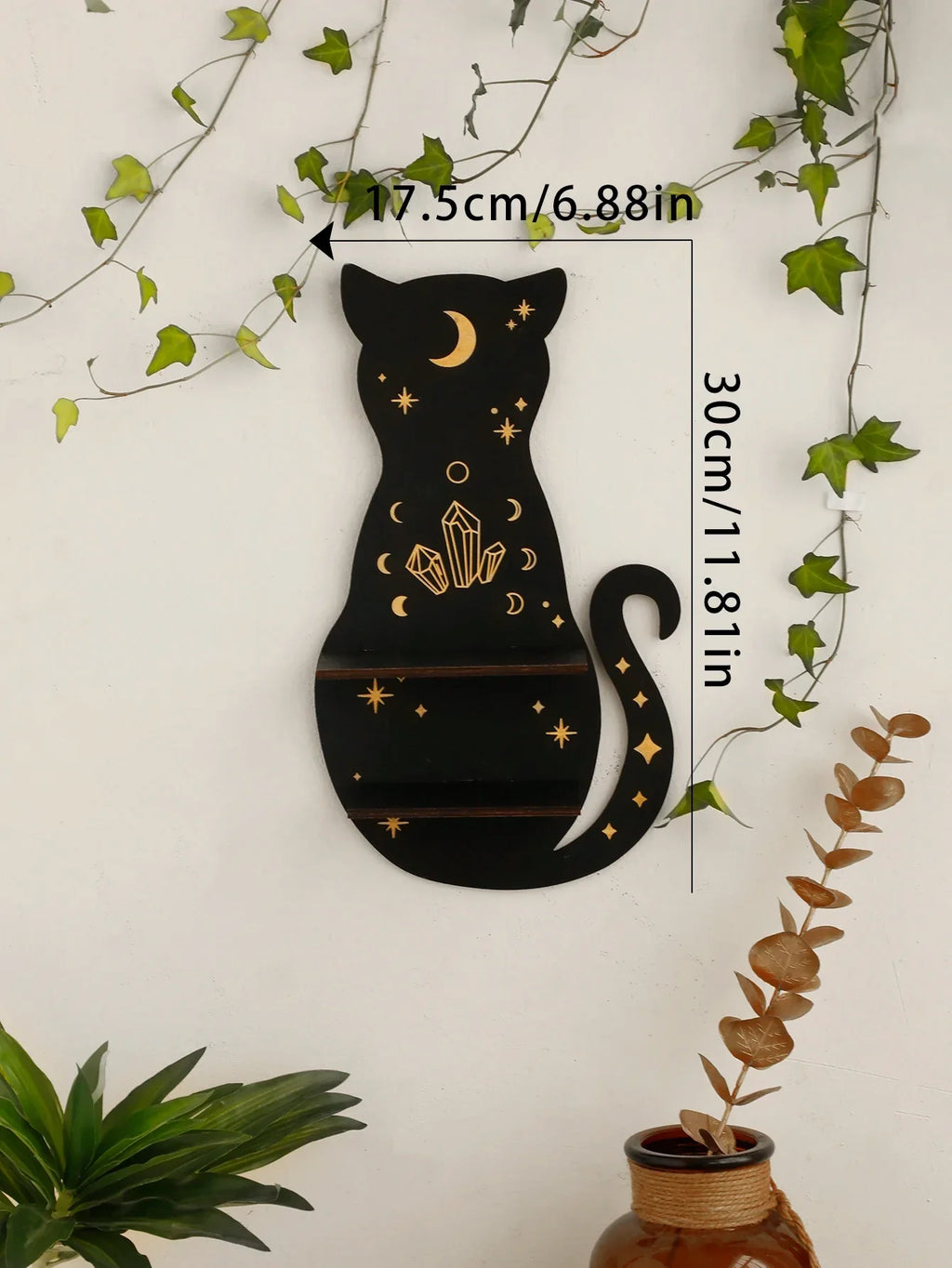 DecorBites™ Moon Phase Black Cat Wooden Shelf