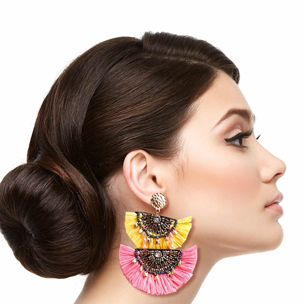 Statement Raffia Tassel Earrings in Yellow and Pink, Trendy Fashion Jewelry
