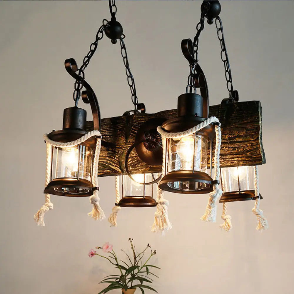 DecorBites™ Nautical Wood Board Black Island Lamp - 4-Light Linear Suspension Lighting with Lantern and Hemp Rope