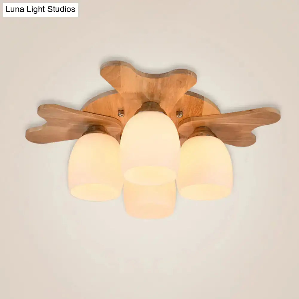 DecorBites™ Nordic Cream Glass Bell Flush Ceiling Light with Antler Top and Wood Accents
