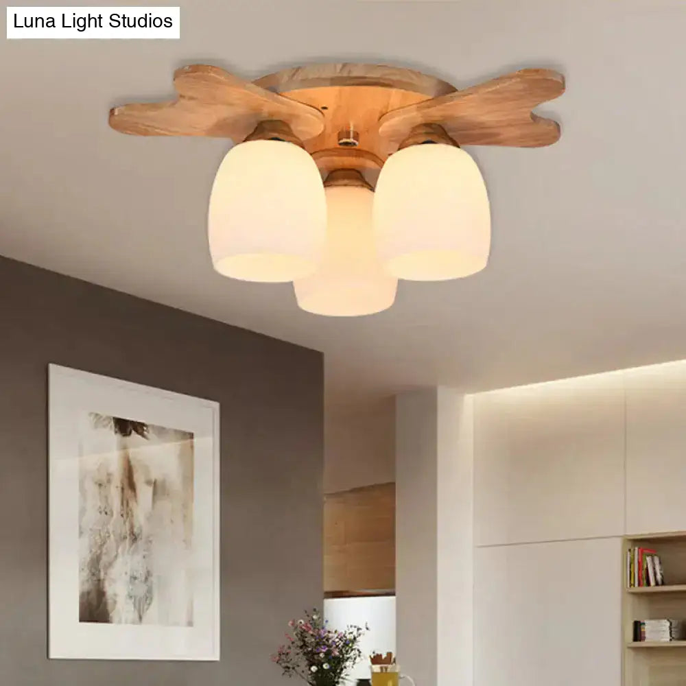 DecorBites™ Nordic Cream Glass Bell Flush Ceiling Light with Antler Top and Wood Accents