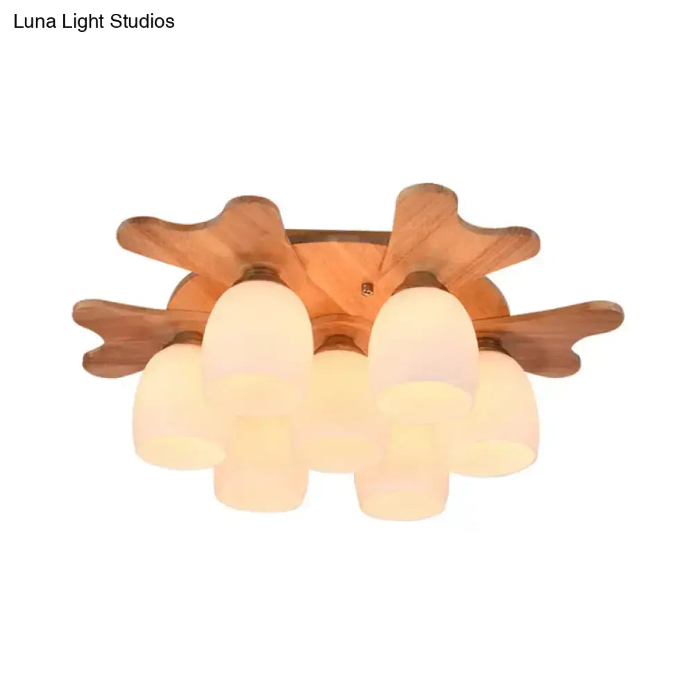 DecorBites™ Nordic Cream Glass Bell Flush Ceiling Light with Antler Top and Wood Accents