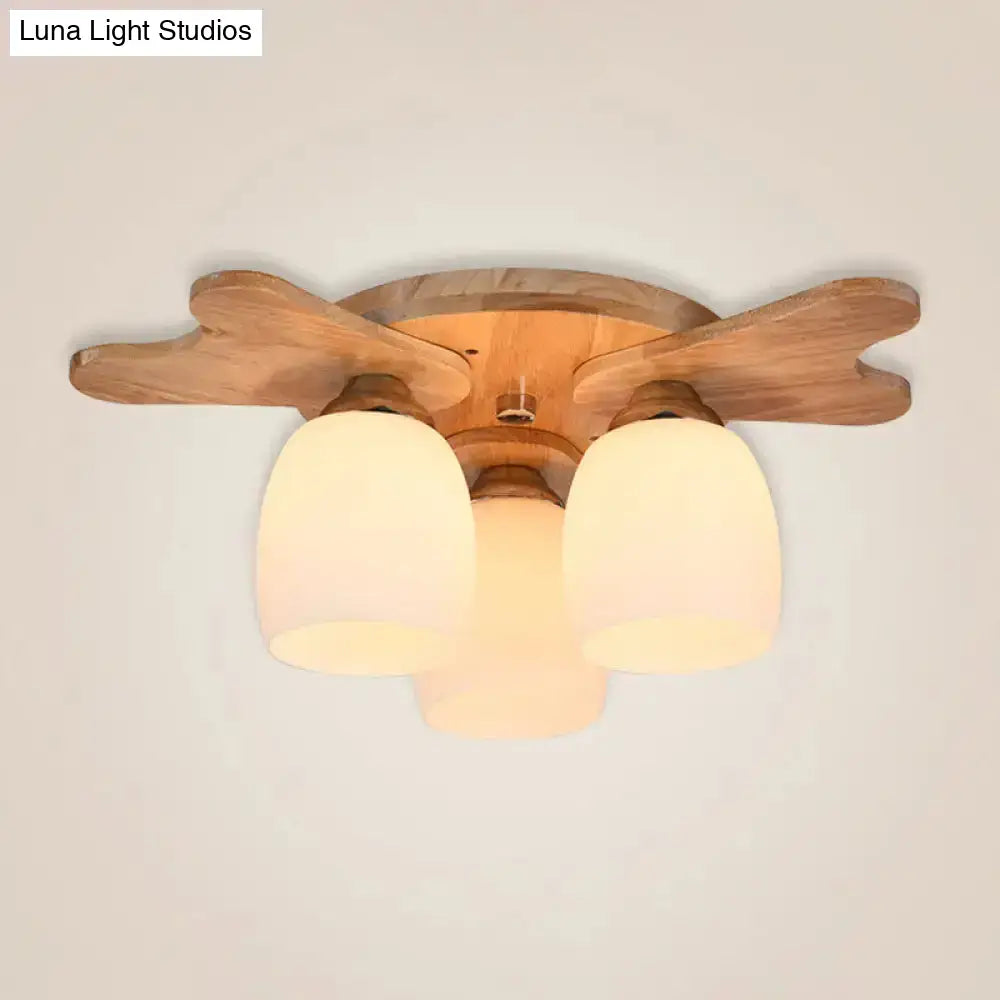 DecorBites™ Nordic Cream Glass Bell Flush Ceiling Light with Antler Top and Wood Accents